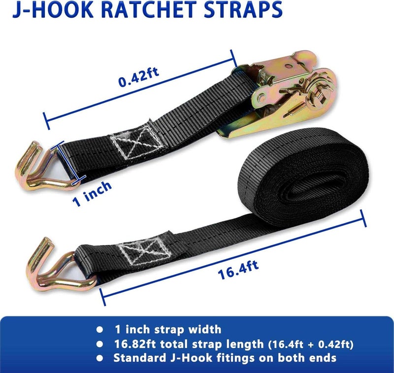 Sweecomb Black Ratchet Straps (4-Pack), 1 Inch x 16.4 Feet (2200lb Break Strength) with Sturdy Metal Hooks, 1x Work Gloves, Heavy Duty Tie Down Straps for Truck, Cargo Trailer, Motorcycle, Luggage, Moving - Image 2